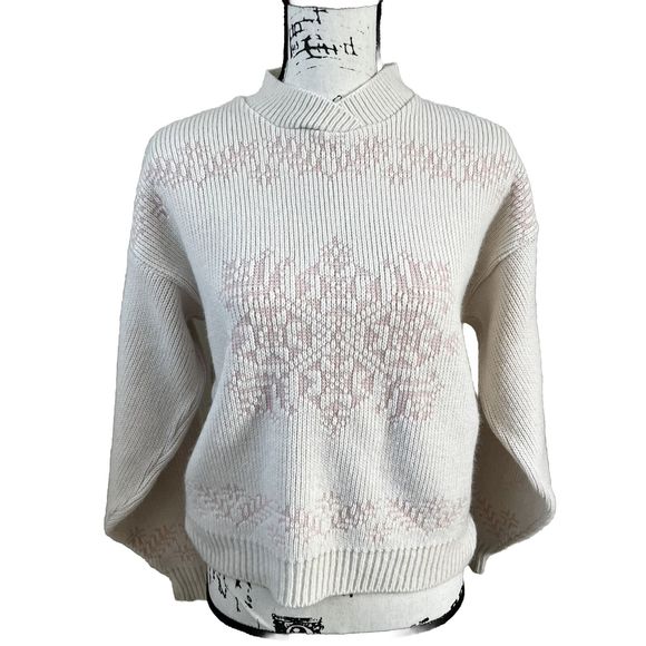 Vintage Thackery Knit Nordic Snowflake Sweater Cream Pink Pullover Sz Medium - Picture 1 of 10